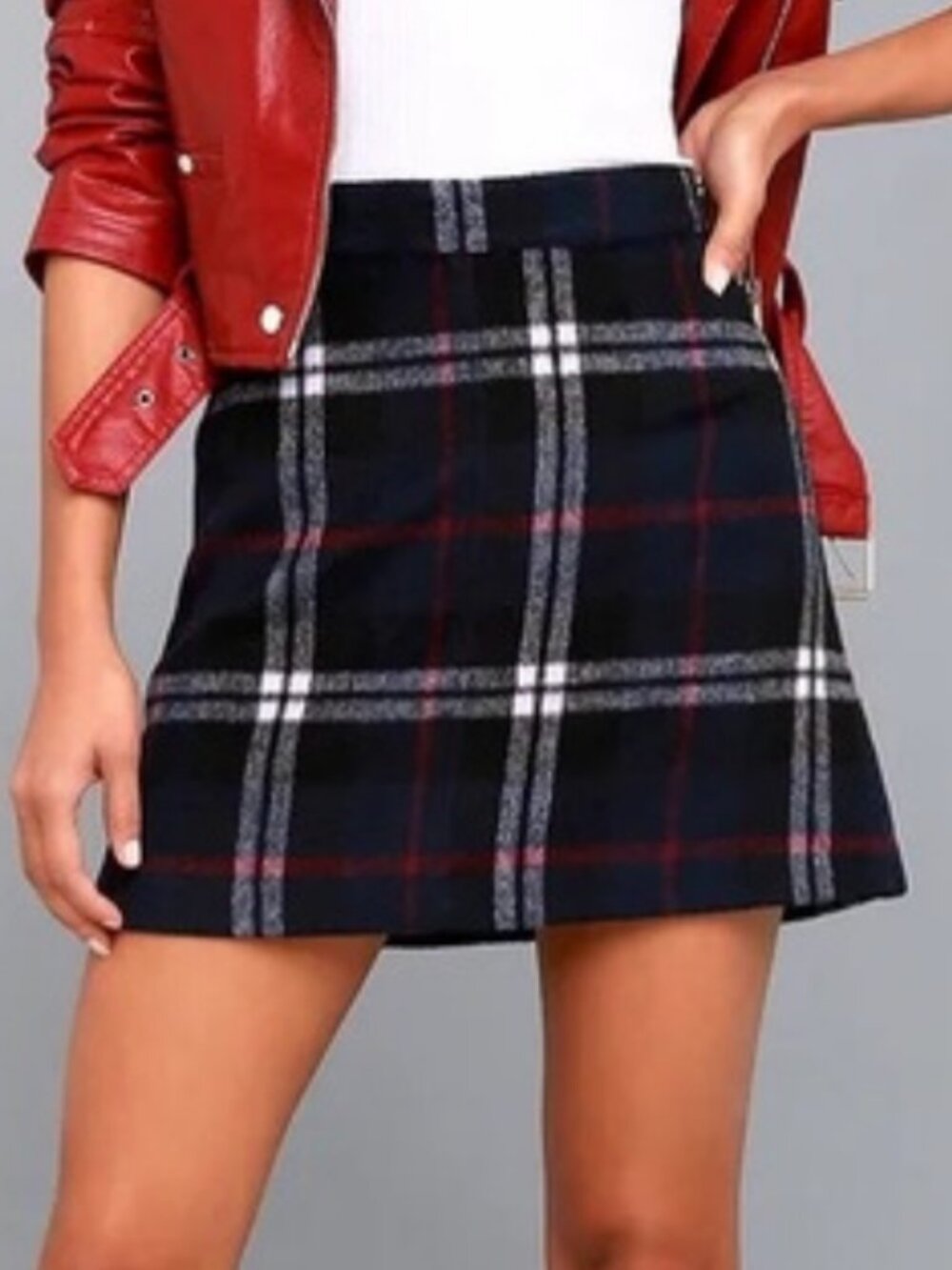 LULUS Women Plaid Mini Skirt XS Navy Blue White Window Pane Red Black Wool Mod